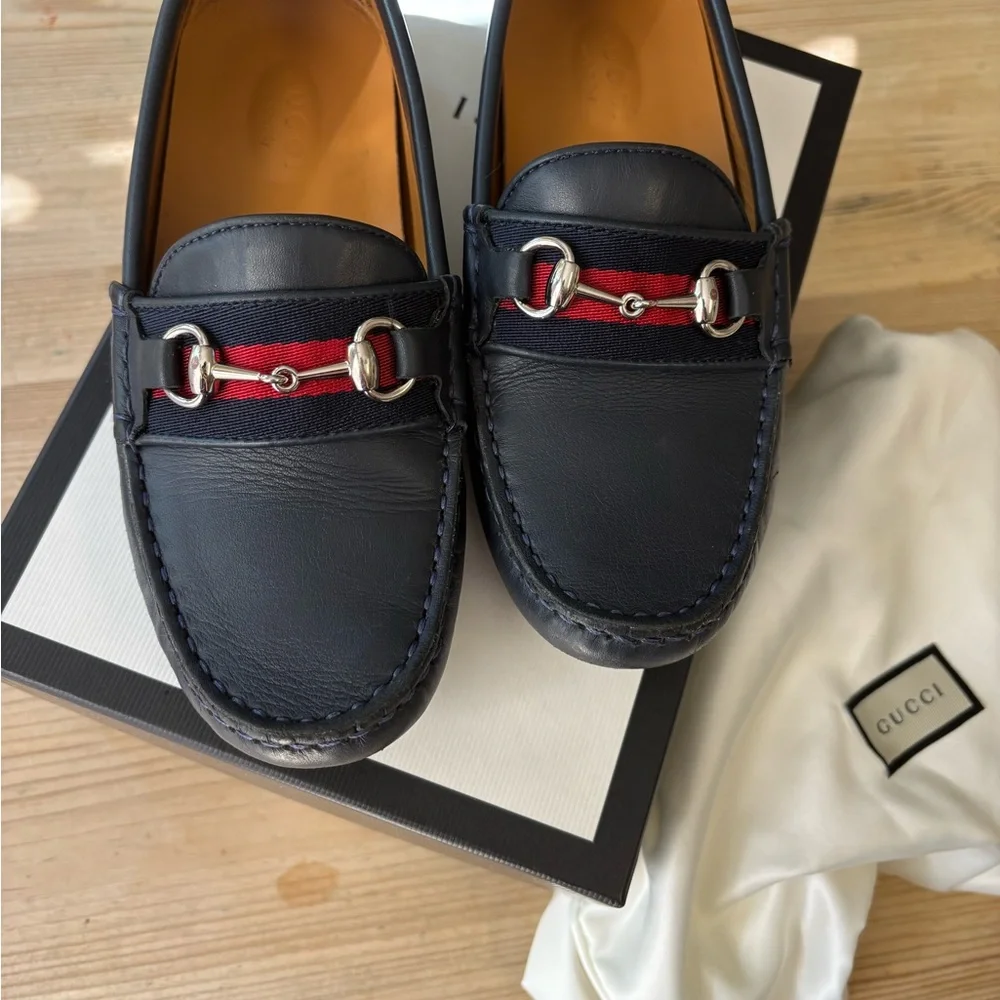 Gucci boy's Dark Blue Loafers with Red Accent